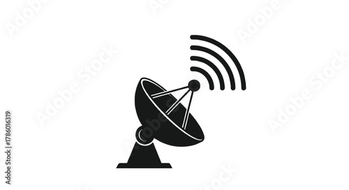 Black silhouette of a satellite dish emitting radio waves or signals against a clean white background