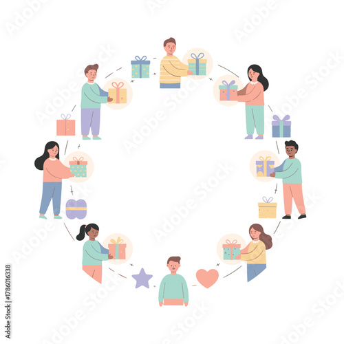 Diverse friends exchanging gifts in a circle illustration with modern pastel tones and clean design elements celebrating friendship and generosity