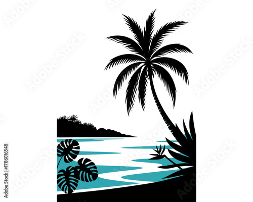Tropical beach scene with palm tree and exotic flowers