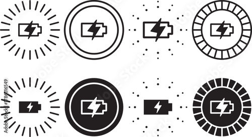 Wireless charger battery. Glowing symbols with lightning bolts. Electromagnetic charger icons. Wireless charging icon logo
