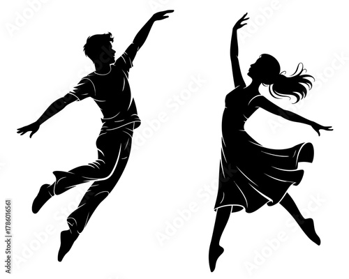 Silhouette of a male and female dancer in mid leap