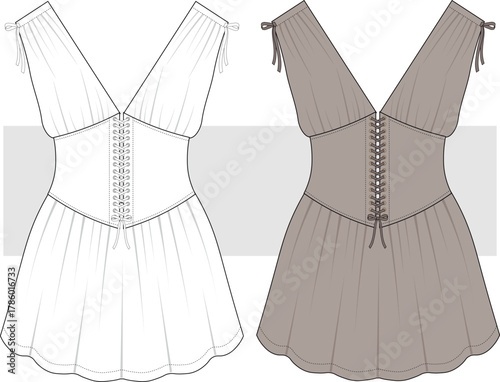 Women's Waist Corset Detail Mini Dress fashion technical drawing, illustration. Elagant Dress Vector. CAD, Mockup.