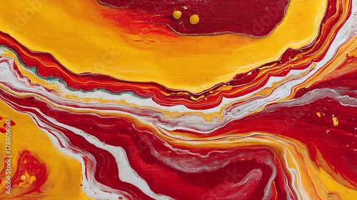 Vibrant Red and Yellow Abstract Fluid Art Painting with Swirling Marbled Pattern