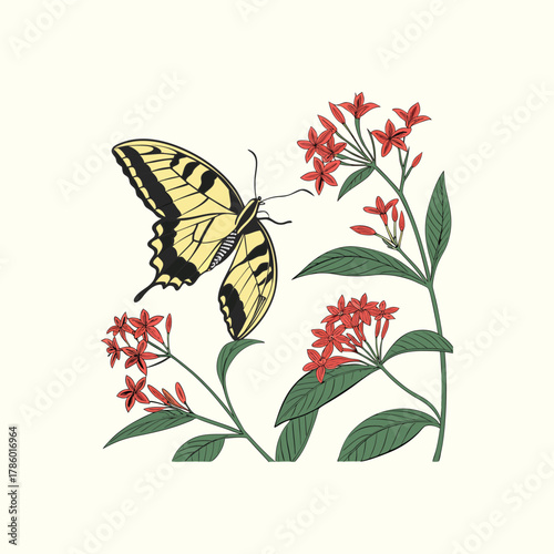 Yellow Swallowtail Butterfly on Red Flowers – Nature and Floral Illustration