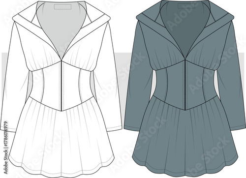 Women's Waist Corset Detail Hooded Dress fashion technical drawing, illustration. Sweatshirt Dress Vector. CAD, Mockup.