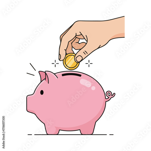 A hand placing a gold coin into a pink piggy bank, representing savings and investment.