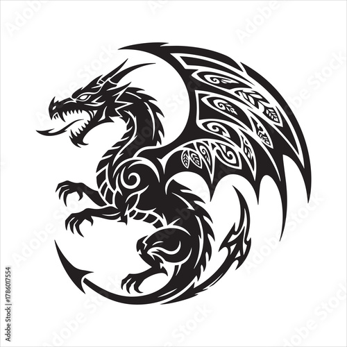 A fierce black dragon with intricate wing patterns, poised for flight or attack.
