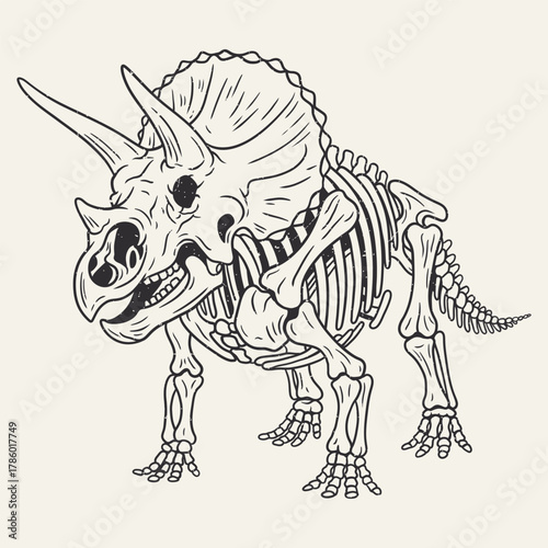 Grunge Style Detailed Triceratops Skeleton Anatomy Cretaceous Period Fossil Illustration