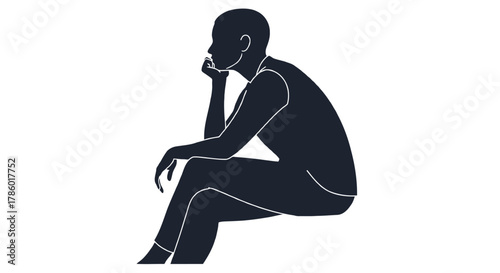 Silhouette of a person sitting and deep in thought with hand on chin isolated on white background