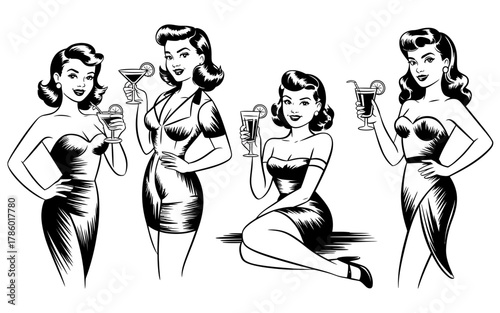 Four retro style women holding cocktails and posing