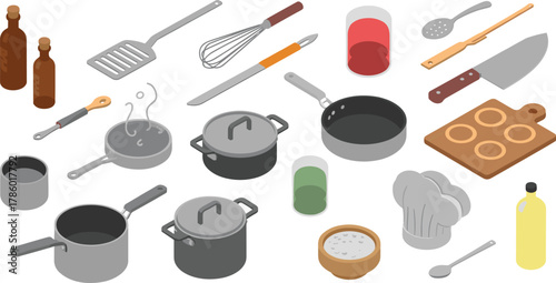 Isometric kitchen utensils and cooking tools set including pots, pans, whisk, knife, bottles, cutting board, and chef hat illustration