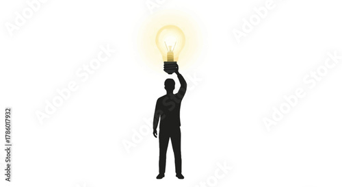 Silhouette of a person holding a glowing light bulb above their head symbolizing a bright idea or inspiration