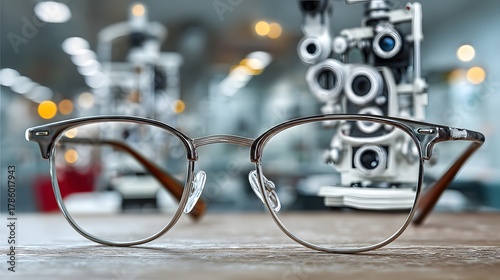 Pair of modern, silver-rimmed eyeglasses rests on a white table in an optometrist's office. The complex phoropter eye examination machine is artfully blurred in the background.