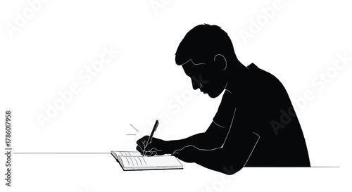 Silhouette of a young boy diligently writing in a notebook with a pen focused on his task