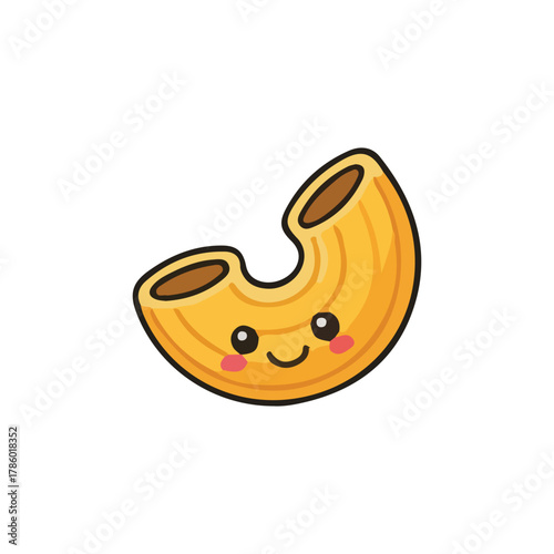 A cheerful cartoon macaroni pasta smiling with rosy cheeks on a white background.