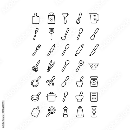 Collection of hand drawn kitchen utensils and tools