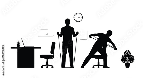Silhouettes of men exercising with resistance bands in an office setting during the workday
