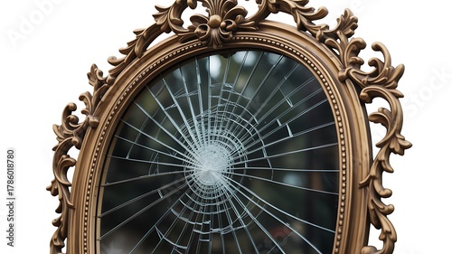 Antique ornate gilded frame with a dramatically shattered mirror
