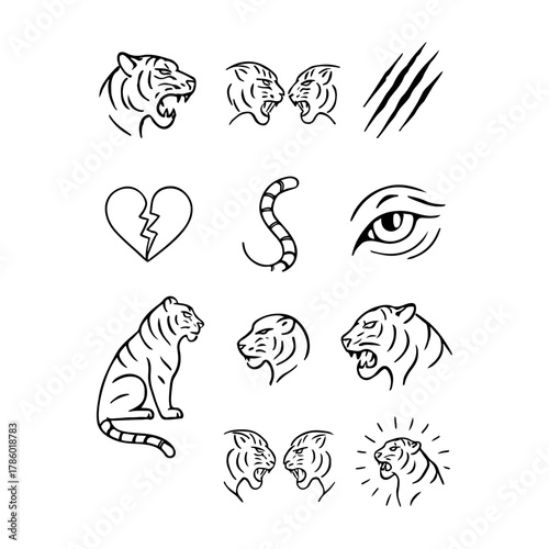 Collection of tattoo designs featuring tigers and symbolic elements