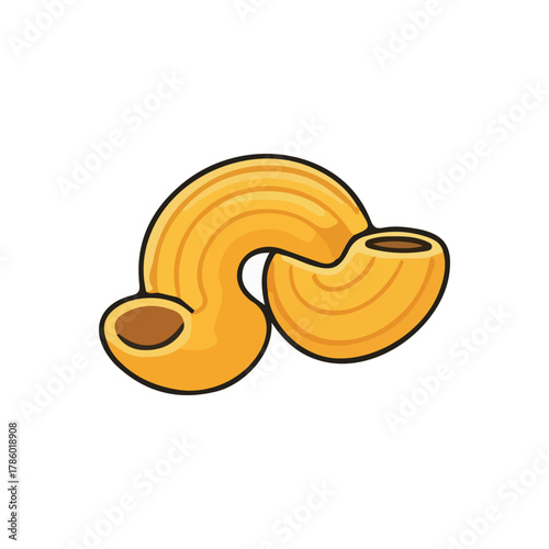 Two pieces of elbow macaroni pasta, golden brown, isolated on a white background.