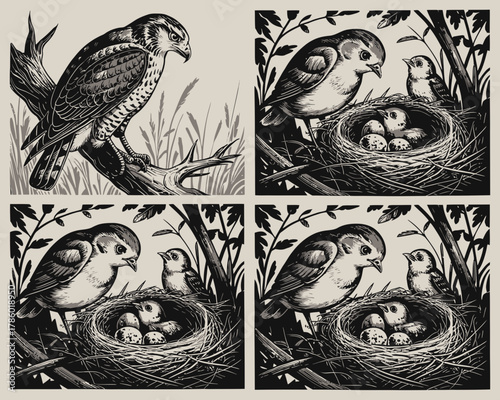 Bird family in nest with predator bird illustration