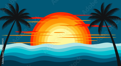 Serene Tropical Sunset Palm Trees, Ocean Waves, and Warm Light