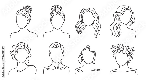 Female Hairstyle Line Art Collection Featuring Buns, Waves, and Accessories