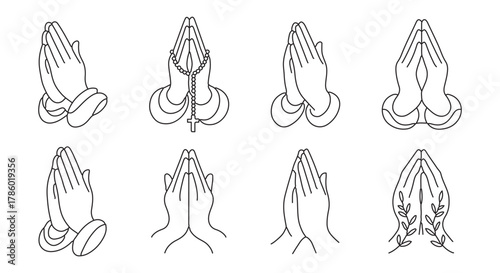 Praying Hands Line Art with Rosary, Cuffs, and Decorative Elements