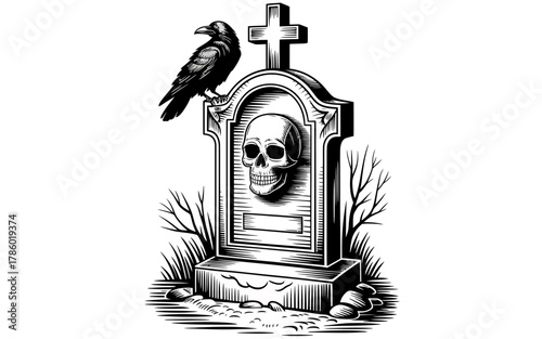 Tombstone with skull and raven illustration