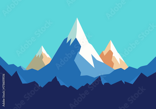 Stunning minimalist vector illustration capturing a majestic snow-capped mountain range under a clear blue sky, showcasing a serene winter landscape with abstract foreground hills