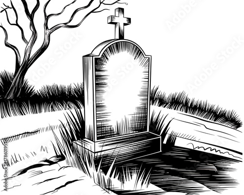 Spooky cemetery scene with gravestone and bare tree