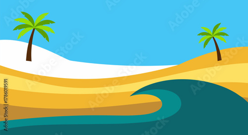 A Serene Tropical Beach Scene with Gentle Waves and Palm Trees Under a Clear Blue Sky