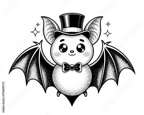 Cute kawaii bat wearing a top hat and bow tie with sparkles