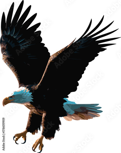 Majestic bald eagle flying with wings spread wide, powerful American bird of prey, wildlife photography, freedom and strength concept