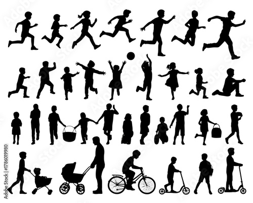 Diverse collection of children silhouettes engaged in various activities