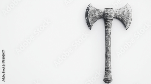 A vintage-style axe rests against a plain background, showcasing its intricate design and weathered texture.