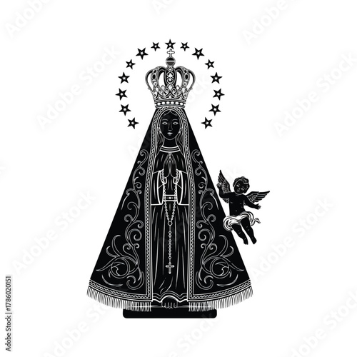 Intricate black and white illustration of a crowned Virgin Mary with an angel.