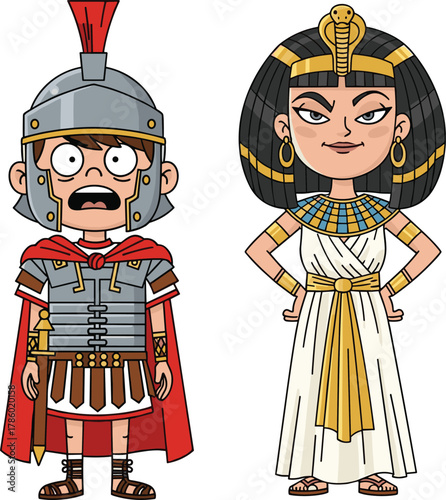 Cartoon illustration of Egyptian queen and Roman soldier, ancient history characters, educational vector art, culture, empire, costume design, historical learning