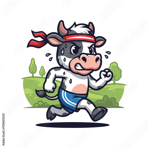 Cartoon cow running with a red headband and blue shorts, sweating, in a green field with trees.