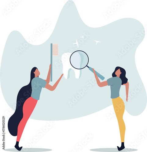 Girl looking at tooth through magnifier flat vector illustration. Female character brushing huge tooth,life and employment of people.