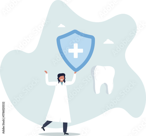 Huge human hand holding dentist and big tooth. Medical professional next to healthy tooth flat vector illustration.life and employment of people.