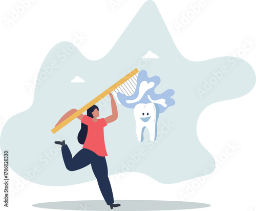 funny tooth with toothbrush, paste, floss, sad molar with cavity or dental tool.life and employment of people.