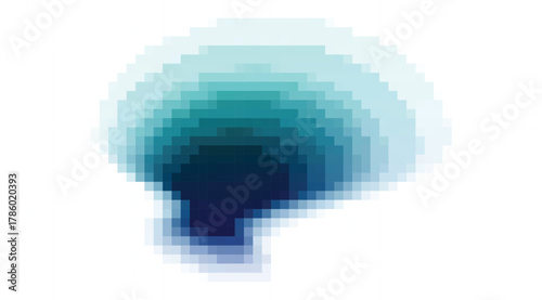 An abstract cascade of pixelated blues and teals create a gradient effect, forming an organic shape against a bright white backdrop evoking a sense of cool depth and visual intrigue