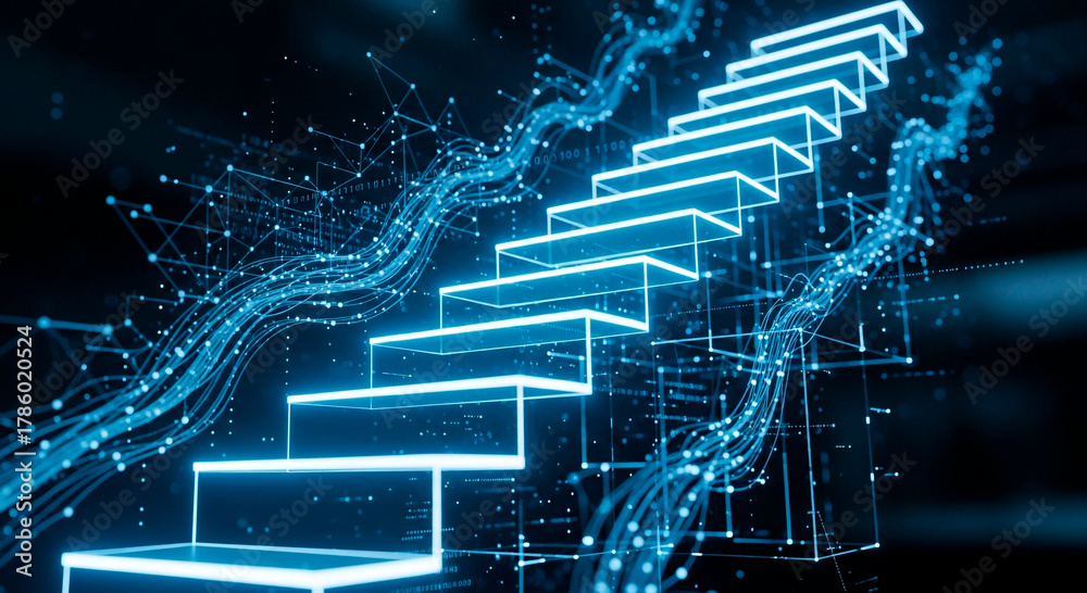Obraz premium Climb the ladder to success with this futuristic, glowing staircase design, perfect for illustrating growth, achievement, and innovative business strategies