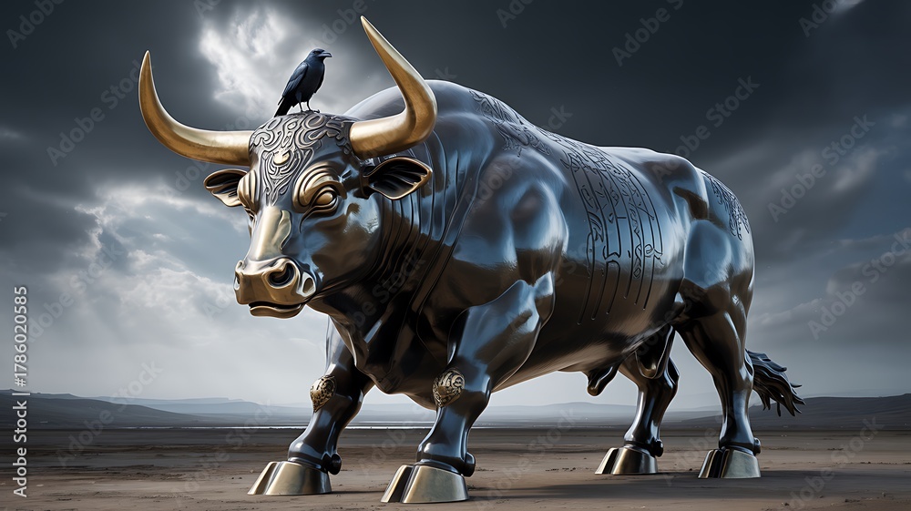 Obraz premium Imposing bronze bull statue, golden horns, raven, dramatic sky