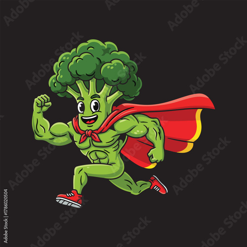 Cartoon illustration of a muscular broccoli character running heroically with a red cape and red sneakers on a dark background.
