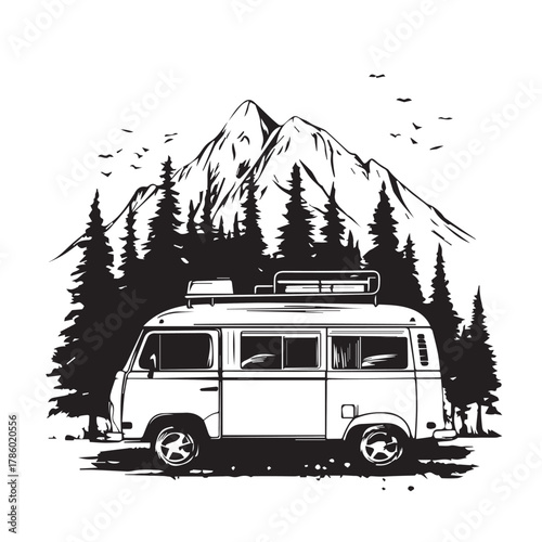 vector illustration of a campervan in the forest