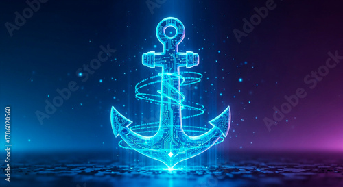 Futuristic anchor shining with vibrant neon light is perfect for seafaring tech startups and modern maritime brands needing a digital edge.