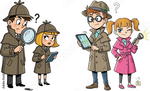 Cartoon kids dressed as detectives investigating mystery, teamwork and curiosity concept, magnifying glass, flashlight, map navigation, investigation illustration, modern detective story