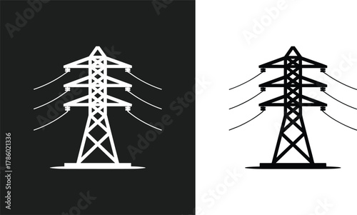 Minimalist black and white illustration of an electrical transmission tower with inverted color contrast design concept
